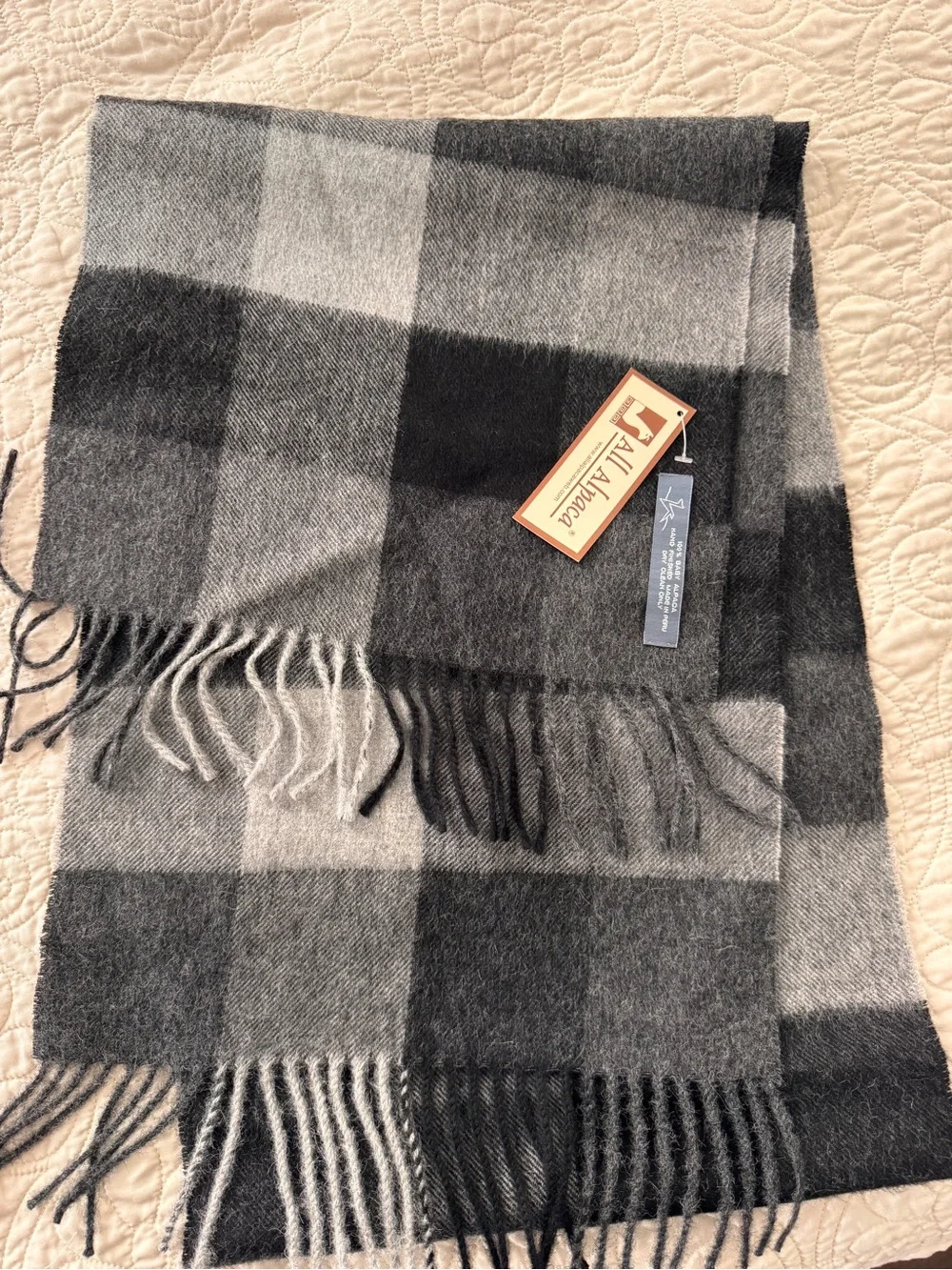 All Alpaca 100% Baby Alpaca Plaid Scarf Black Gray Made in Peru NWT